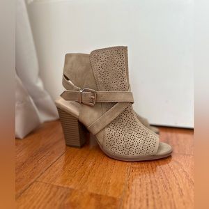 RESTRICTED TAN PERFORATED FAUX LEATHER PEEP TOE HEALED ANKLE BOOTIE